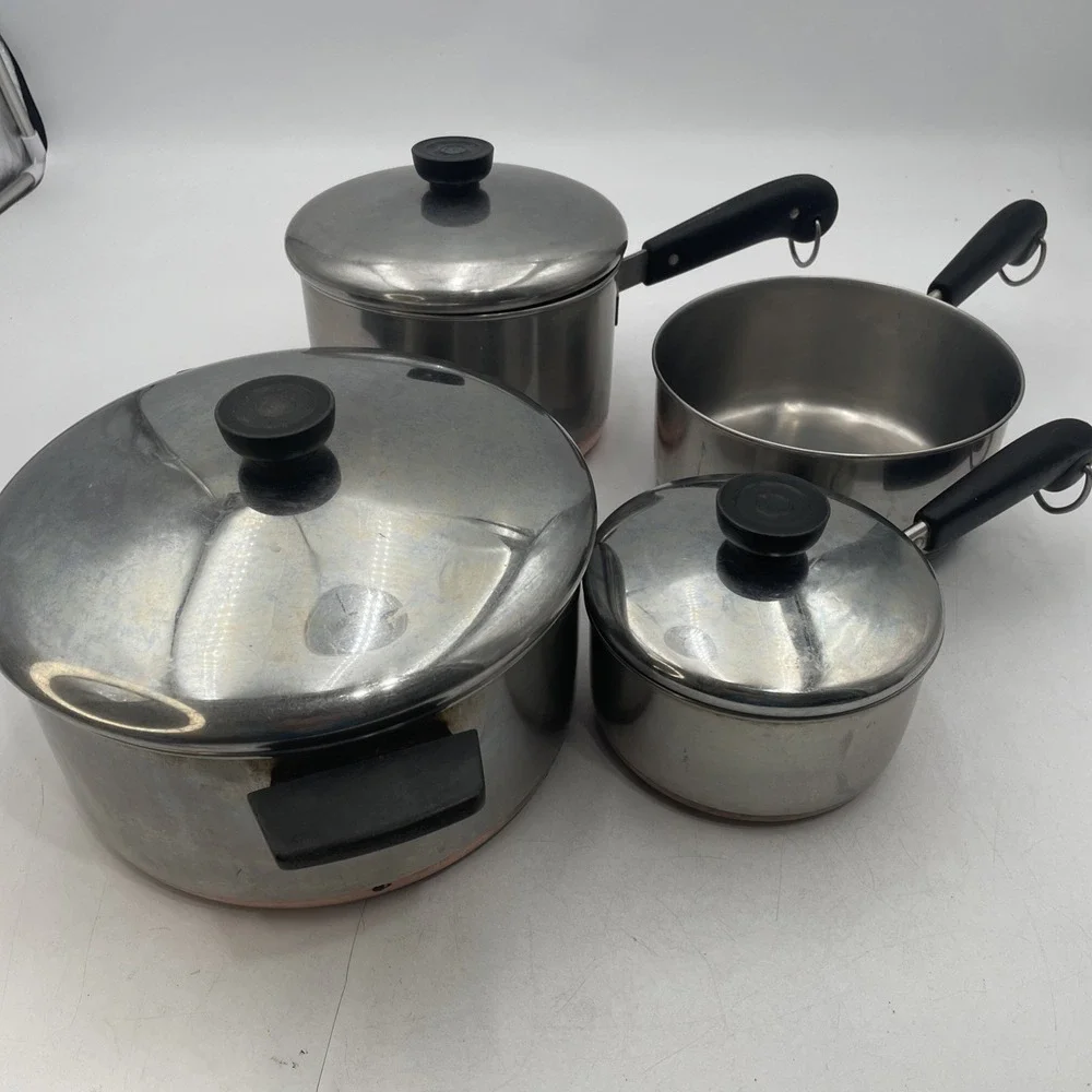 Vtg RevereWare Copper Bottom Saucepan Lot of 4 Pots+3 Lids 4qt 3qt 2qt 1qt-Clean